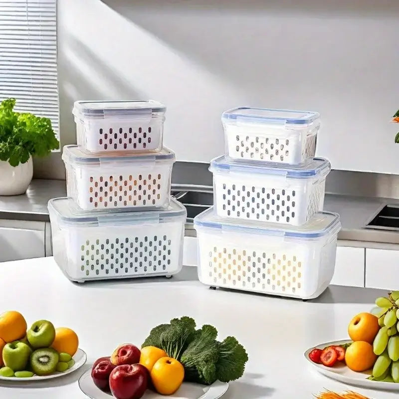 Leak-Proof Food Storage Containers, 4- or 6-Piece Sets on a kitchen table with fresh fruits and vegetables.