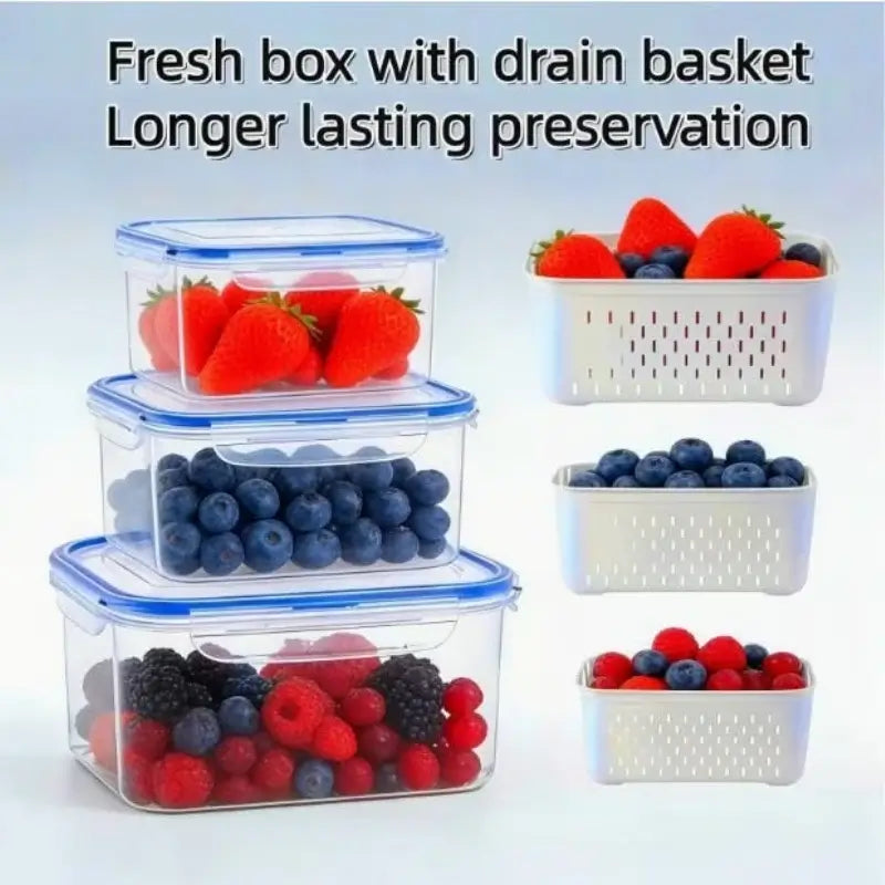 Fresh boxes with drain baskets for longer lasting preservation of fruits like strawberries, blueberries, and raspberries.