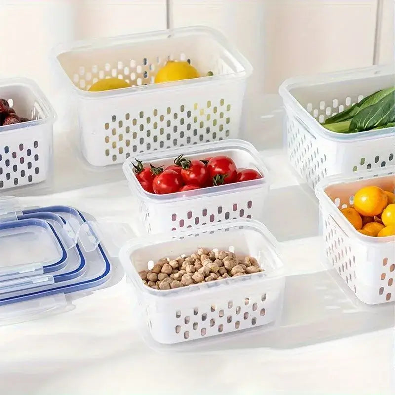 Leak-Proof Food Storage Containers, 4- or 6-Piece Sets in various sizes with fruits and vegetables for organized storage.