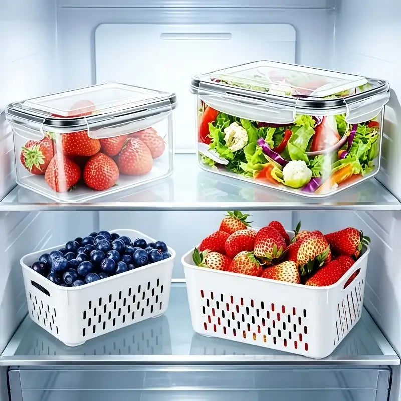Leak-Proof Food Storage Containers, 4- or 6-Piece Sets organizing fruits in a fridge.