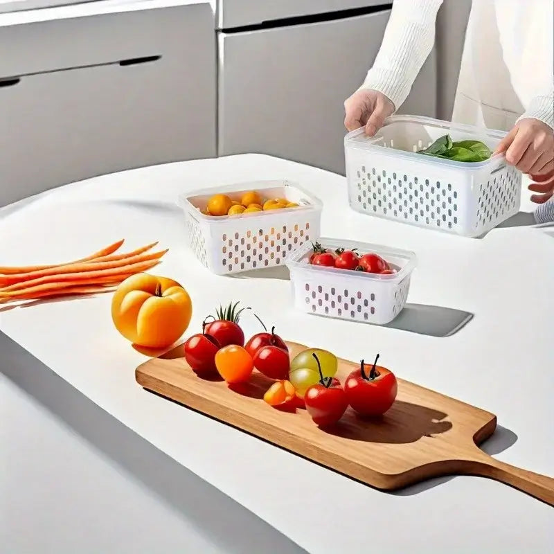 Leak-Proof Food Storage Containers, 4- or 6-Piece Sets with fresh vegetables and fruits on a kitchen counter.