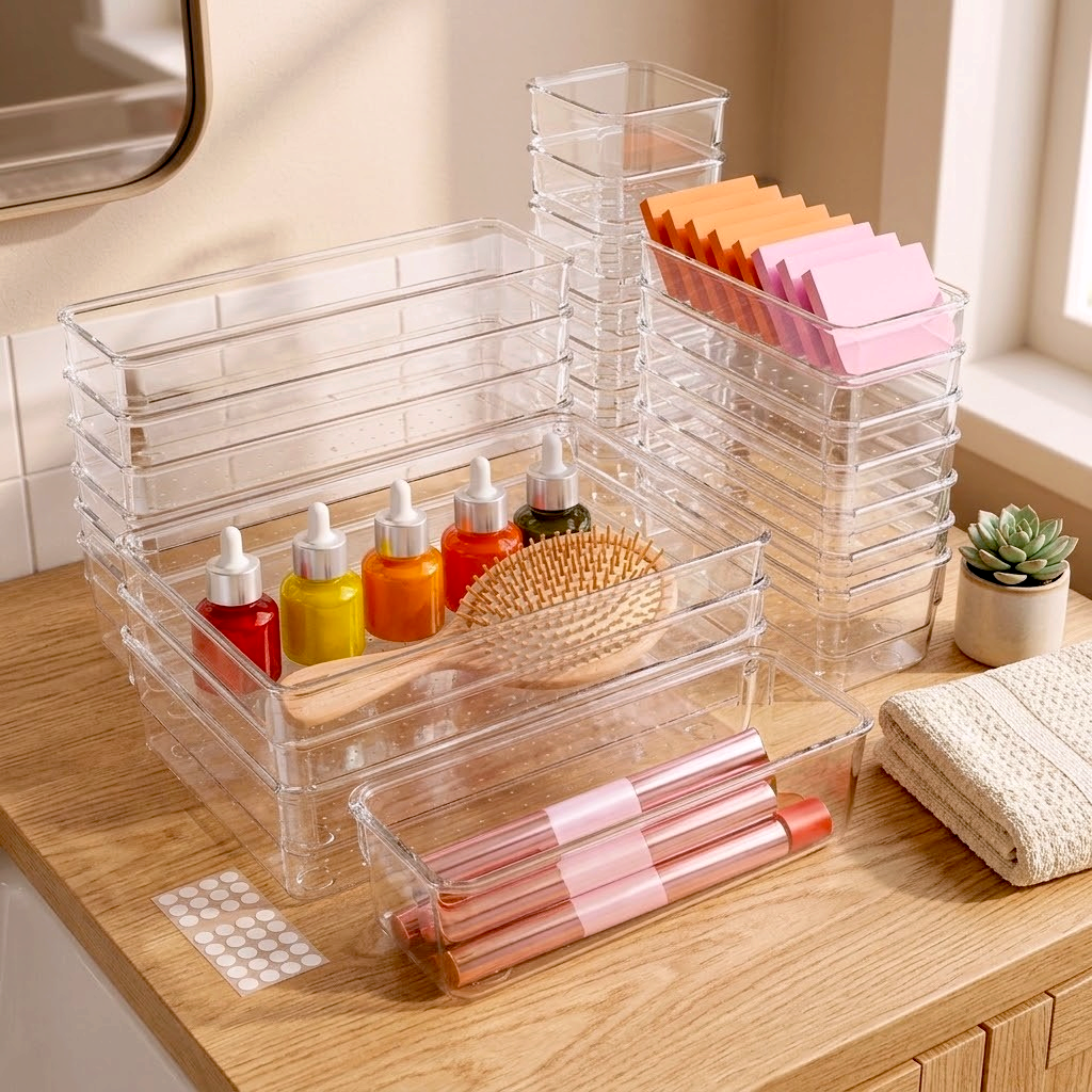 25-piece clear drawer organizer set in 4 sizes with beauty products and sticky notes on wooden dresser