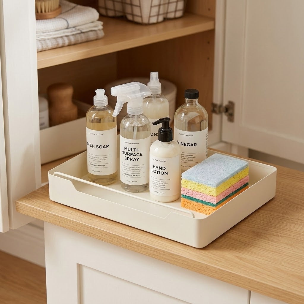 pull-out cabinet organizer drawer with cleaning supplies, dish soap, and multi-surface spray in under-sink cabinet