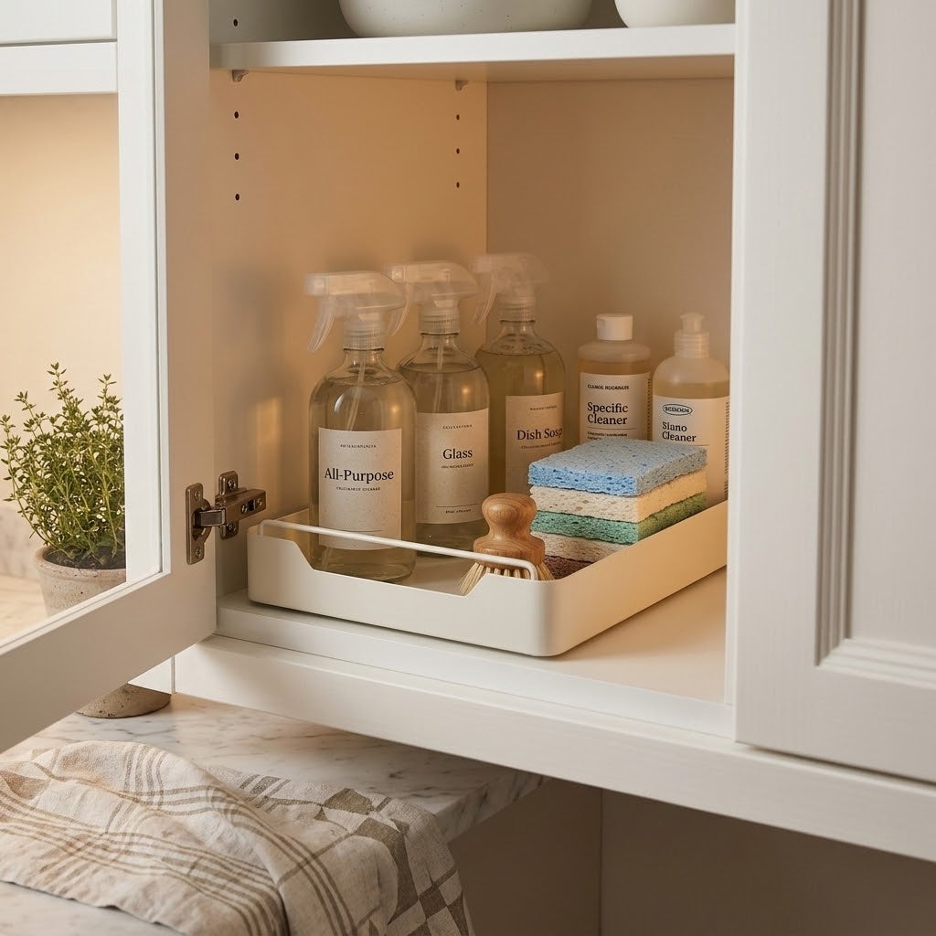pull-out cabinet organizer drawer with cleaning supplies and sponges neatly organized under sink
