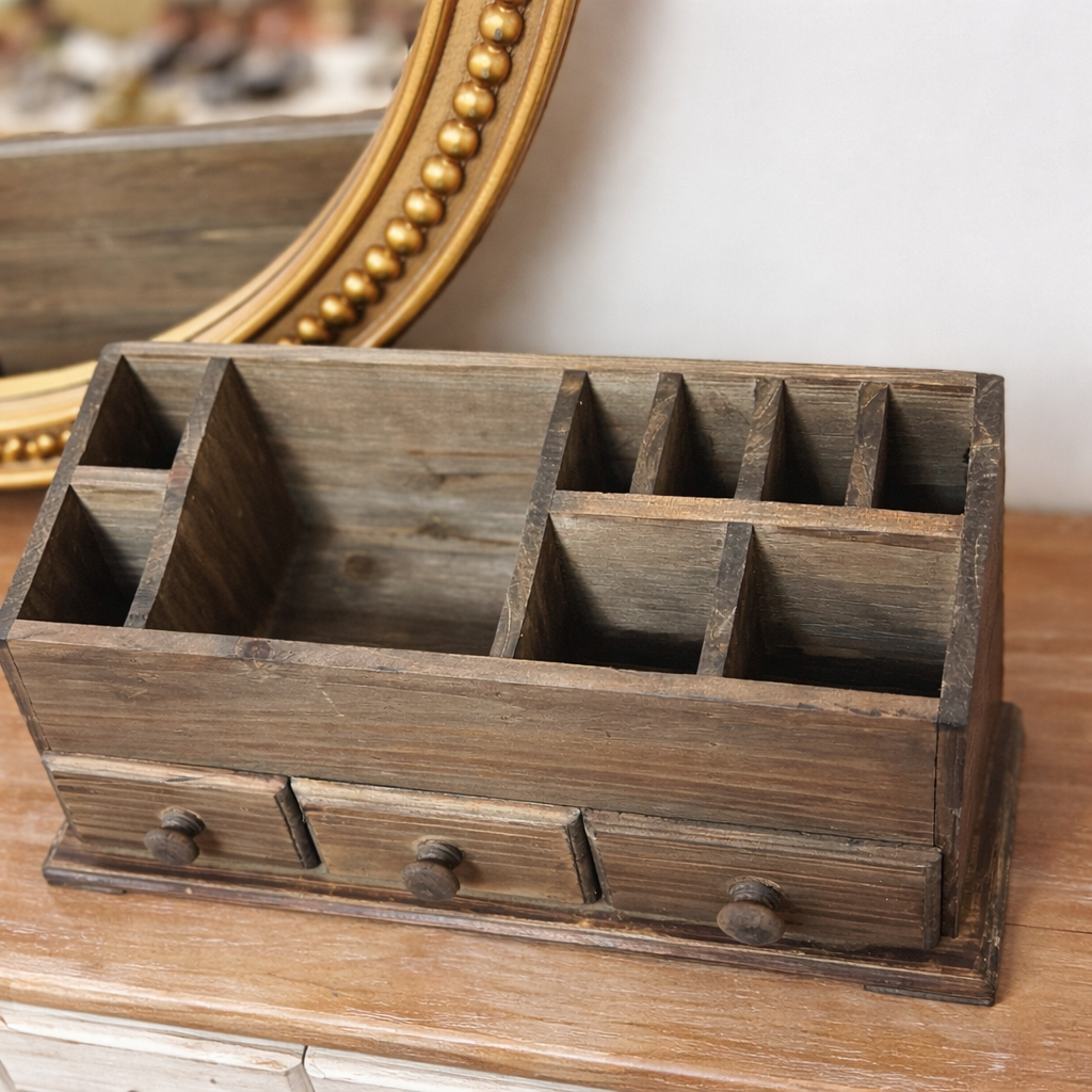 rustic wooden desk organizer with drawers featuring open compartments and three storage drawers