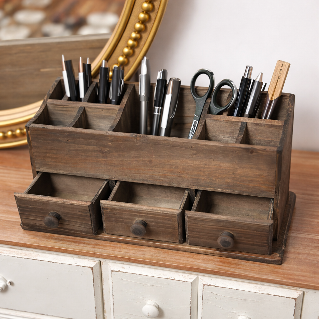 rustic wooden desk organizer with drawers filled with pens, scissors, and office supplies on desk
