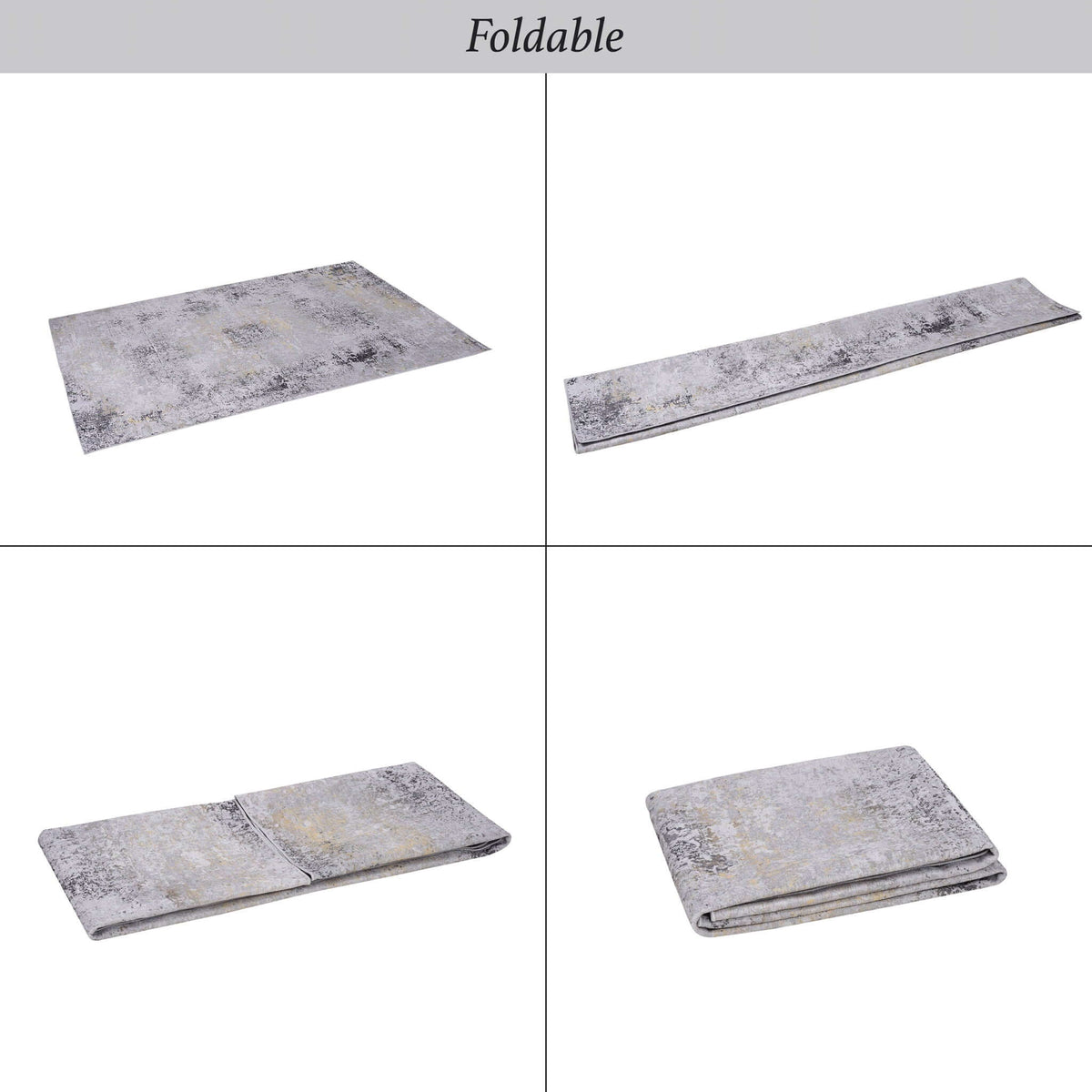 washable stain-resistant area rug in gray abstract design shown foldable in multiple positions
