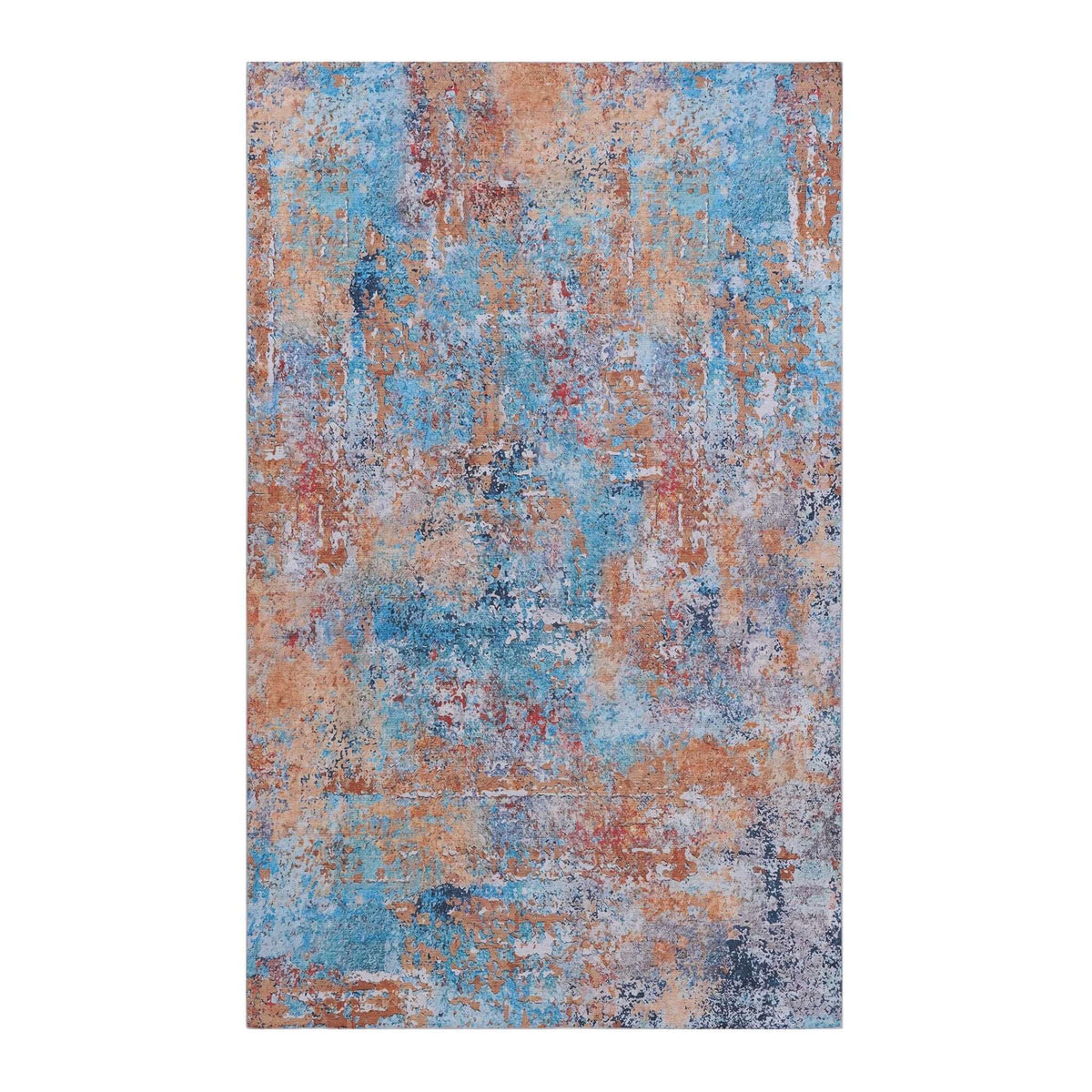 Luna Select Market washable area rug featuring a modern abstract pattern in vibrant blue, orange, and gray tones.