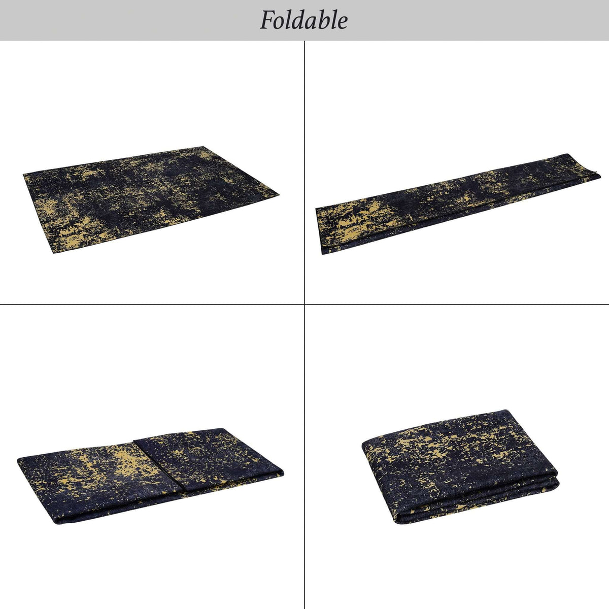 Luna Select Market washable area rug in black with abstract gold pattern, shown unfolded and folded for storage.
