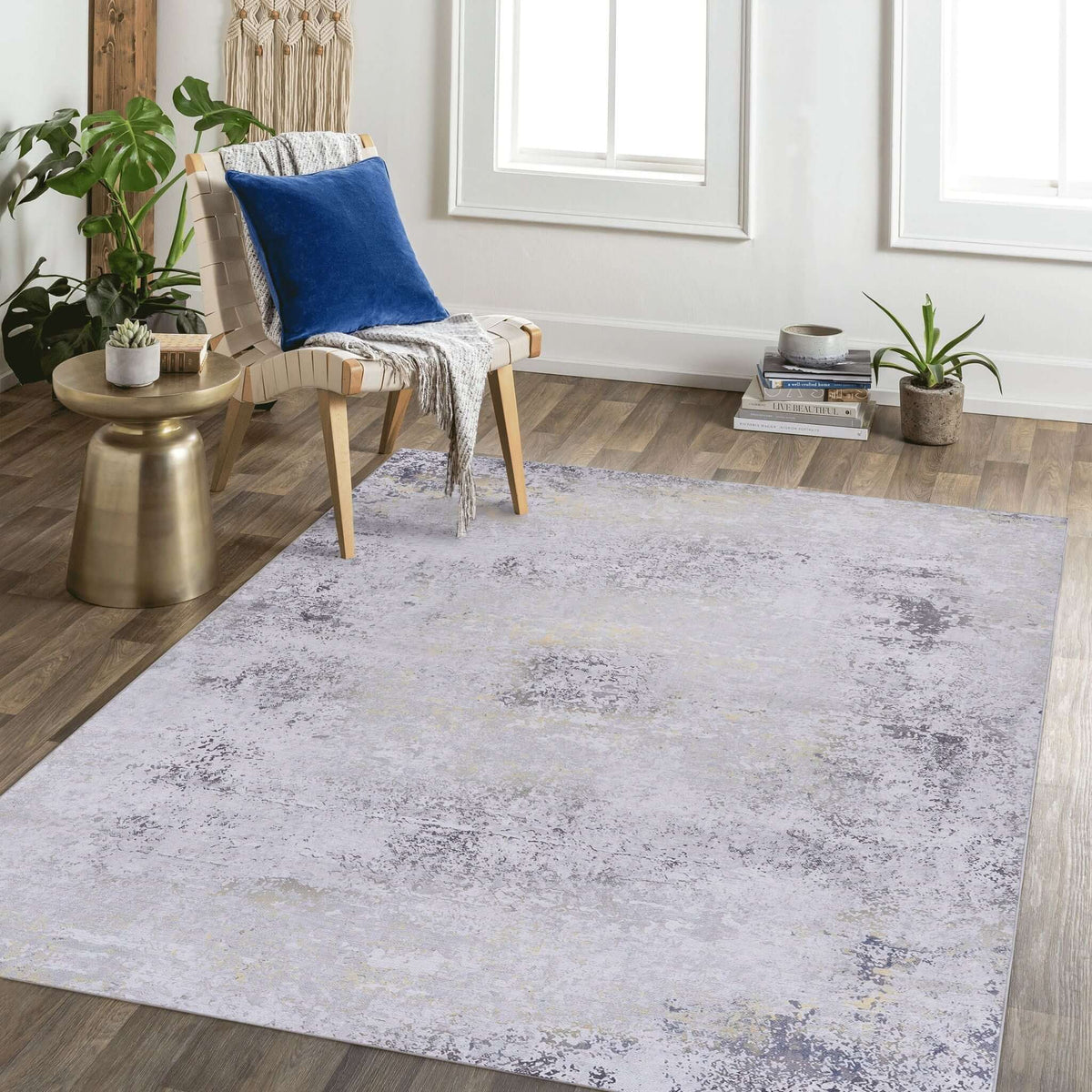 machine washable stain-resistant area rug in gray with abstract design in living room