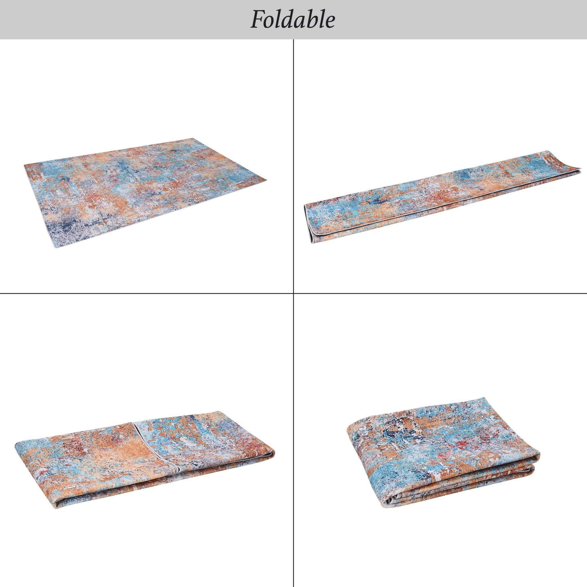 Luna Select Market foldable washable area rug with a modern abstract pattern in blue and orange tones