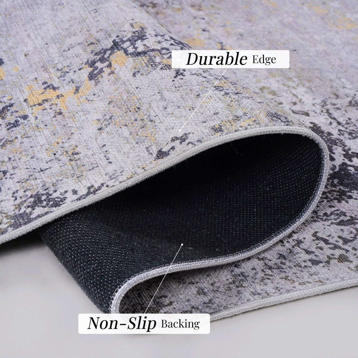 Luna Select Market washable area rug with gray abstract pattern, durable edges, and non-slip backing.