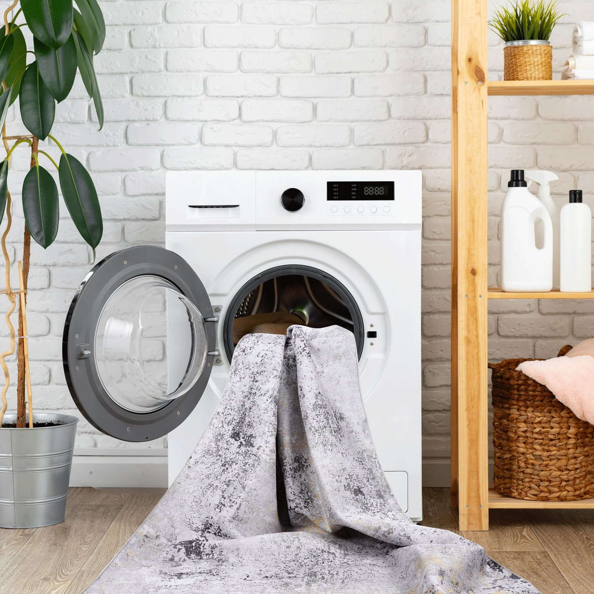 washable stain-resistant area rug being machine washed for cleaning
