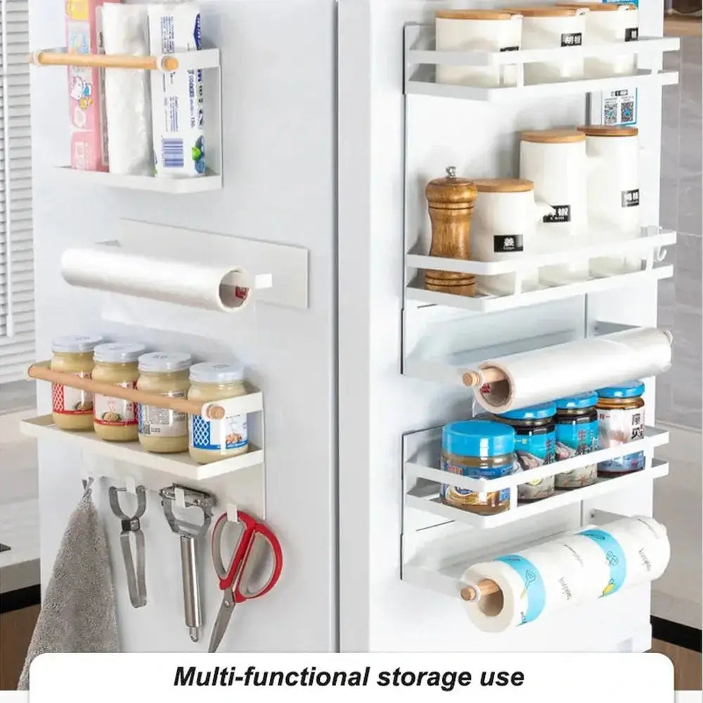 Magnetic refrigerator shelf organizer with two shelves for spices and condiments, maximizing kitchen storage without drilling.