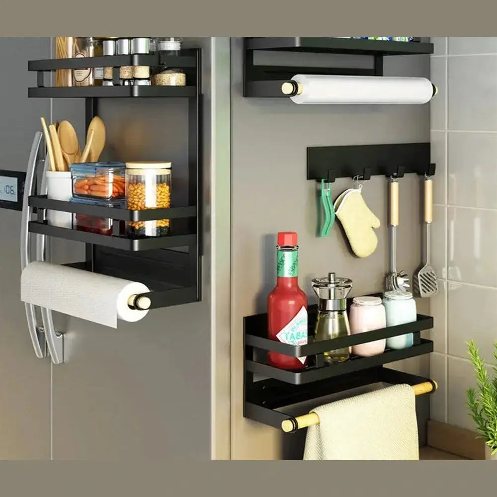 Magnetic refrigerator shelf organizer holding spice jars for easy access.