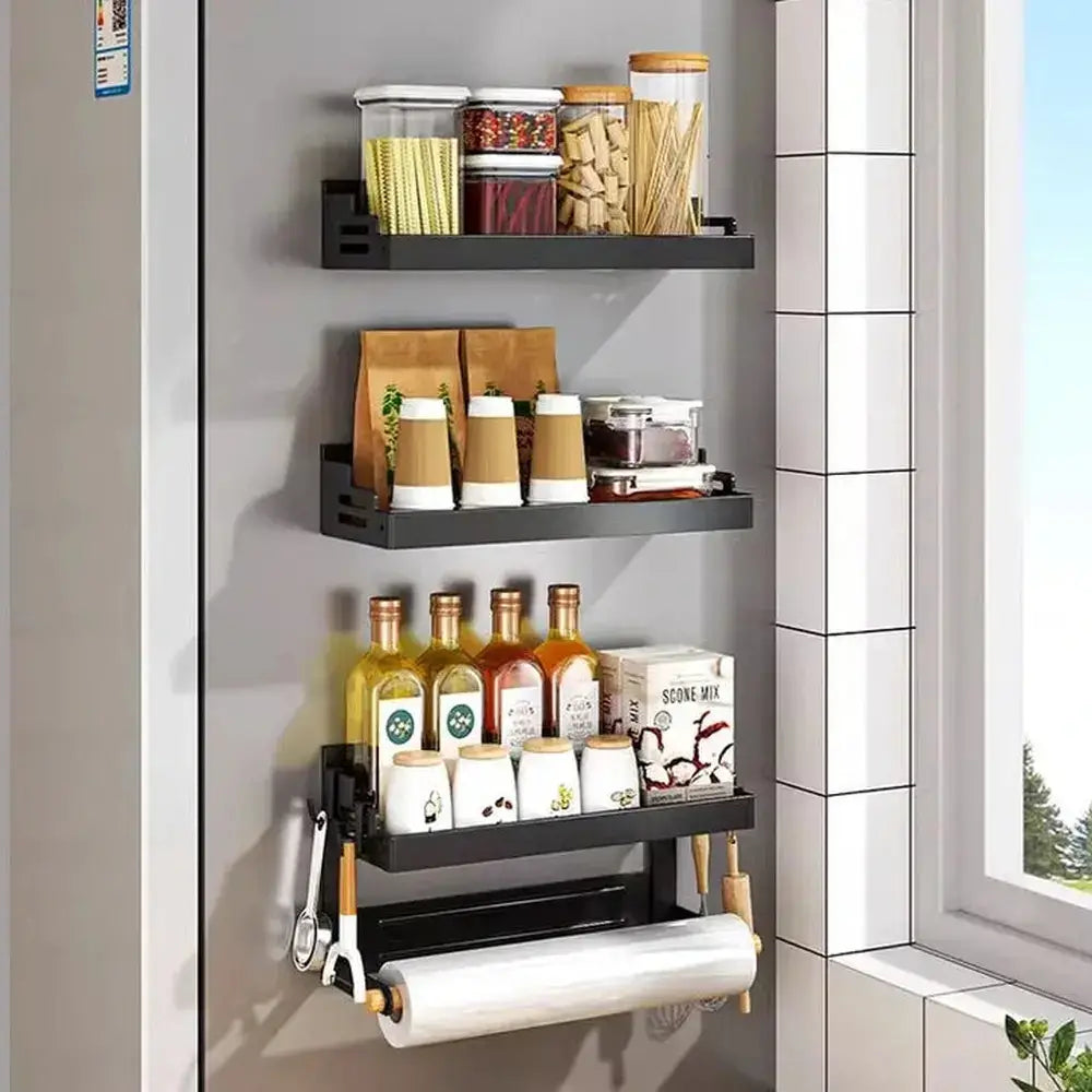 Magnetic refrigerator shelf organizer with spices and condiments.