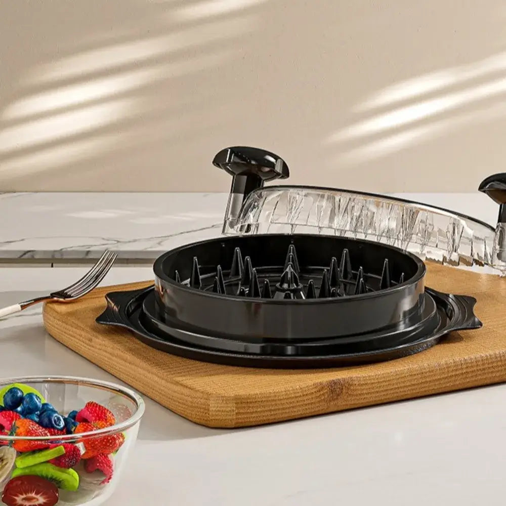 Manual Meat Shredder for Chicken and Beef on a wooden cutting board with fresh ingredients.