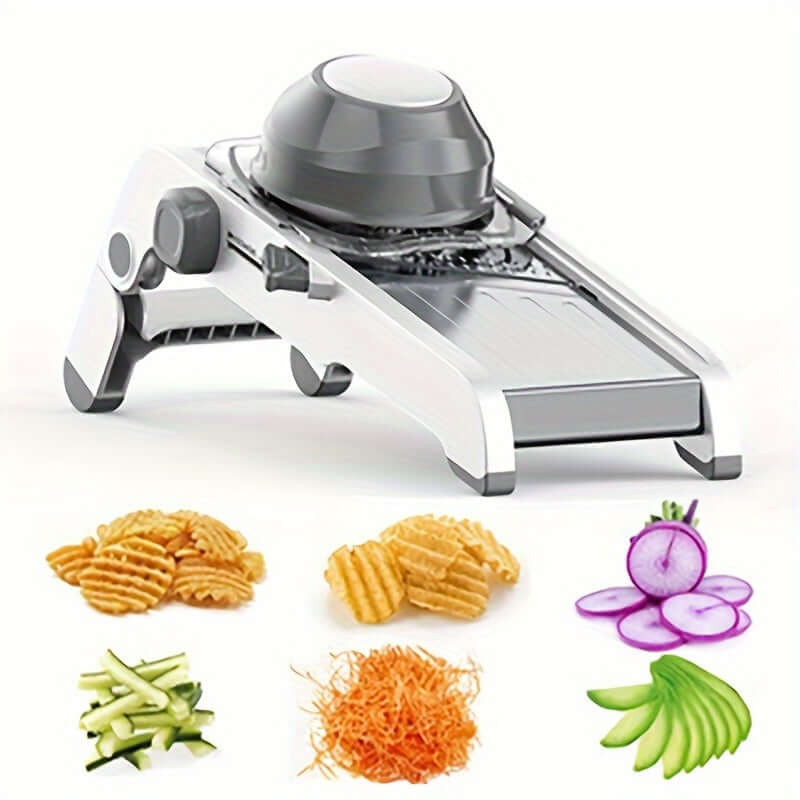 Manual vegetable slicer with an adjustable stainless steel blade for even slices.