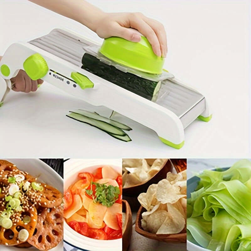 Manual vegetable slicer with an adjustable stainless steel blade for even slices.
