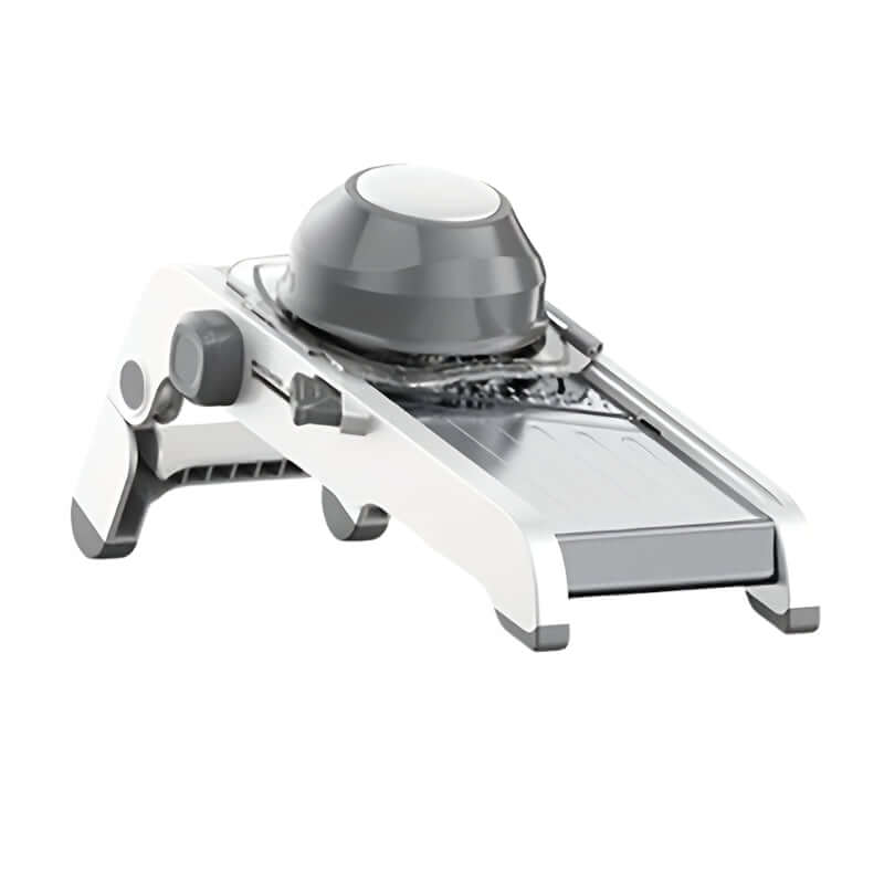 Manual vegetable slicer with an adjustable stainless steel blade for even slices.