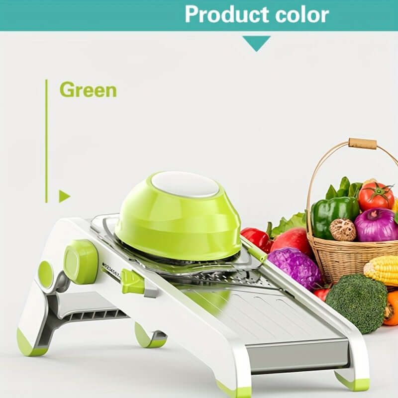 Manual vegetable slicer with an adjustable stainless steel blade for even slices.