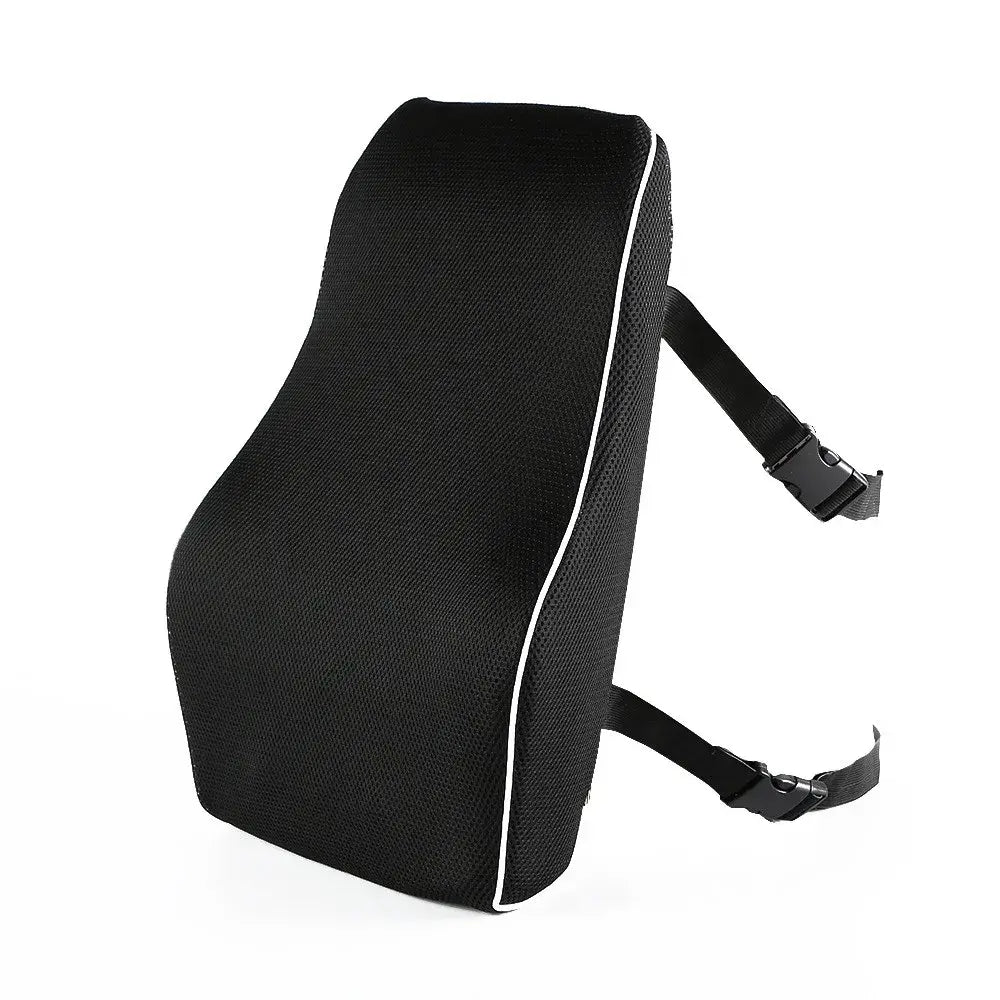 Memory foam lumbar support pillow with an ergonomic design, in black.