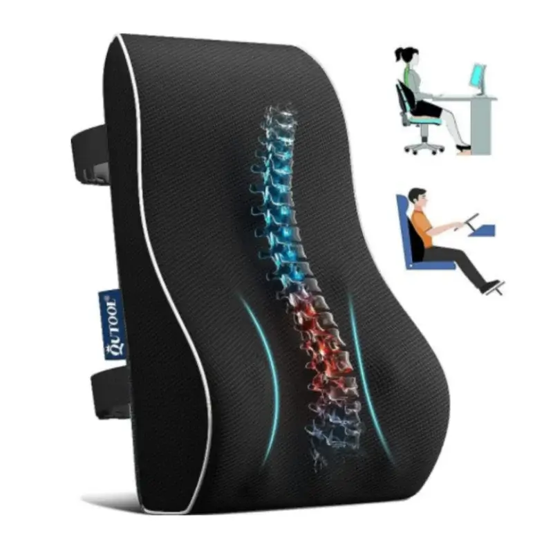 Memory foam lumbar support pillow with an ergonomic design, in black.