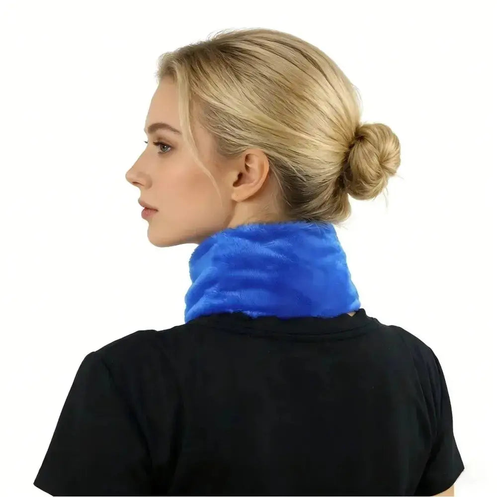 Woman wearing a blue herbal microwavable neck wrap for soothing warmth or cooling relief.