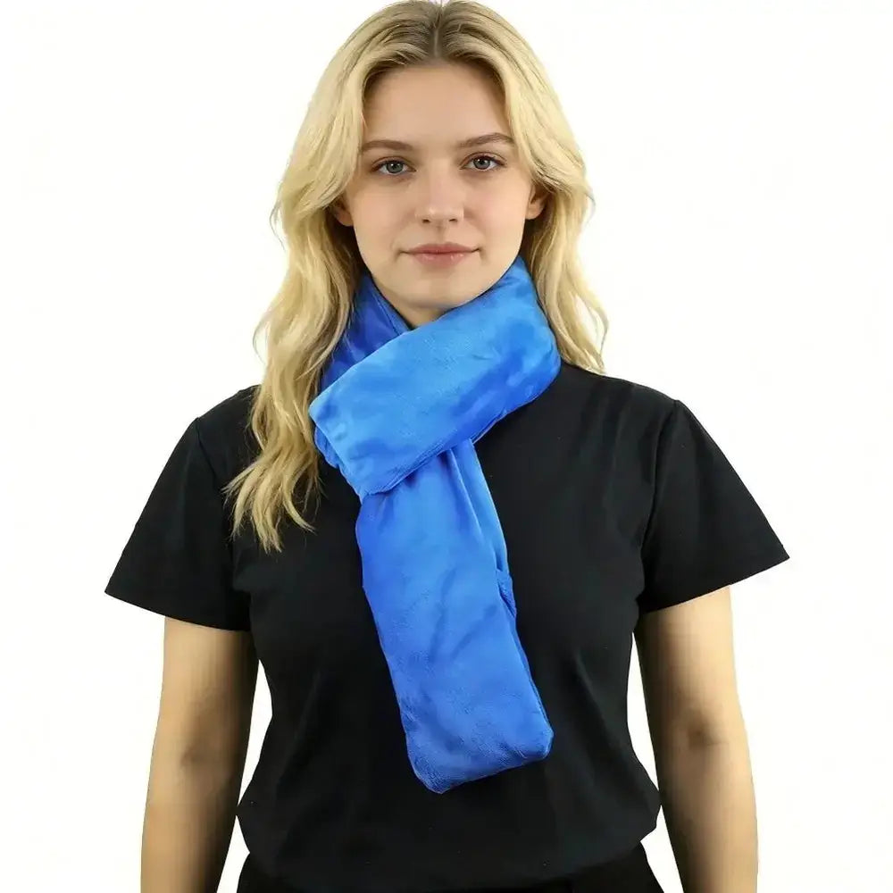 herbal microwavable neck wrap in blue worn for comfort and relief