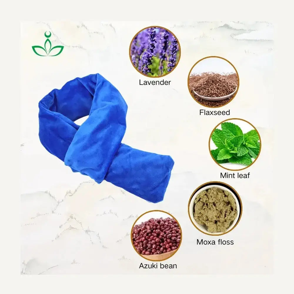 Herbal microwavable neck wrap filled with lavender, flaxseed, mint leaf, azuki bean, and moxa for soothing warmth or cooling relief.