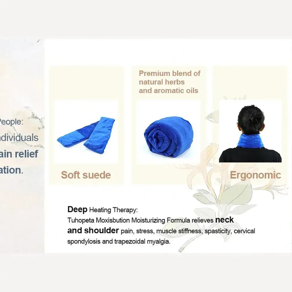 Herbal microwavable neck wrap in soft suede providing soothing relief for neck and shoulder pain with natural herbs.
