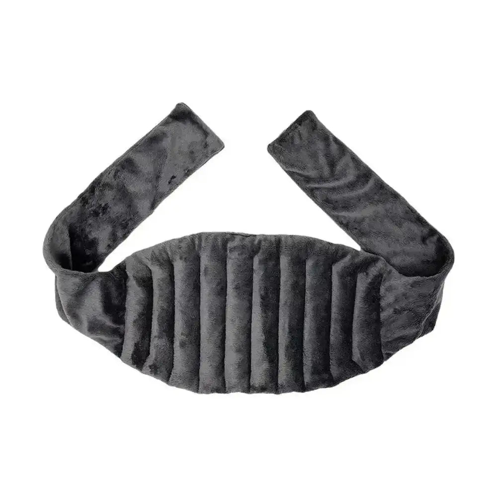 Microwave heating pad wrap in soft grey fleece for neck, shoulder and back relief, featuring adjustable straps for comfort.