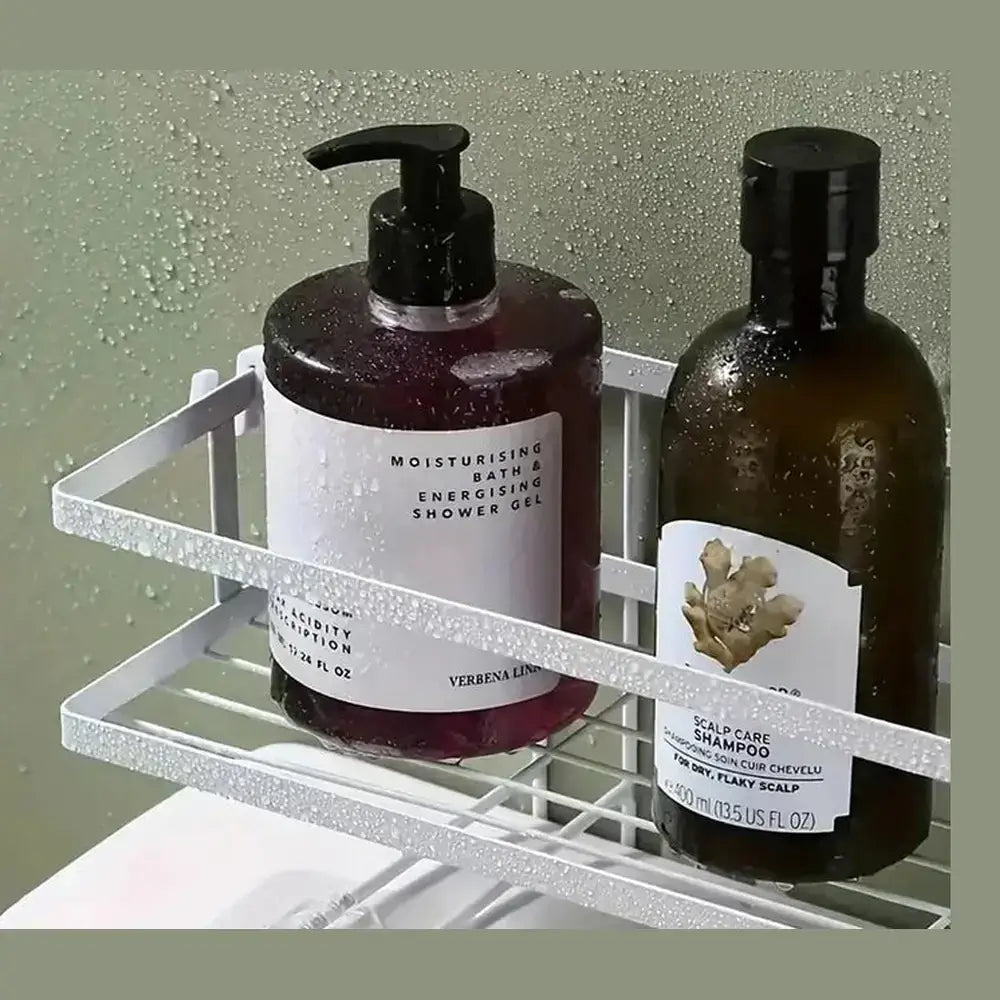 Over-the-Toilet Storage Shelf with Basket displaying shower gel and shampoo bottles, creating organized and accessible bathroom storage.