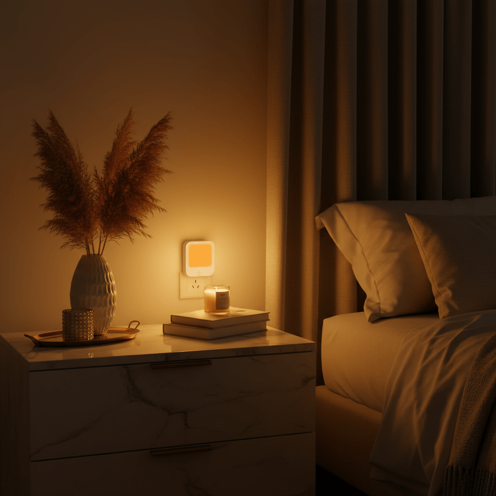 motion sensing amber nightlight glowing softly on nightstand beside bed