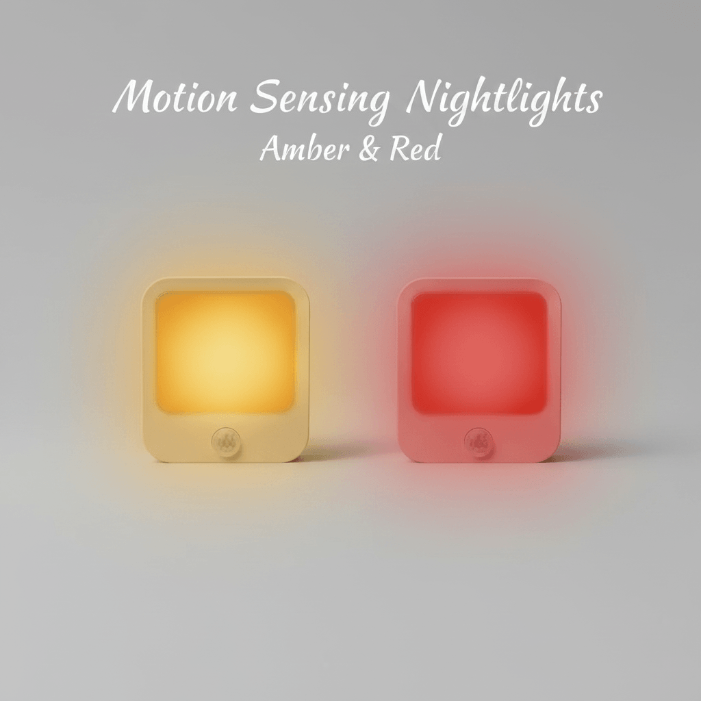 motion sensing amber nightlight with warm glow and red light variant for circadian-friendly bedroom lighting