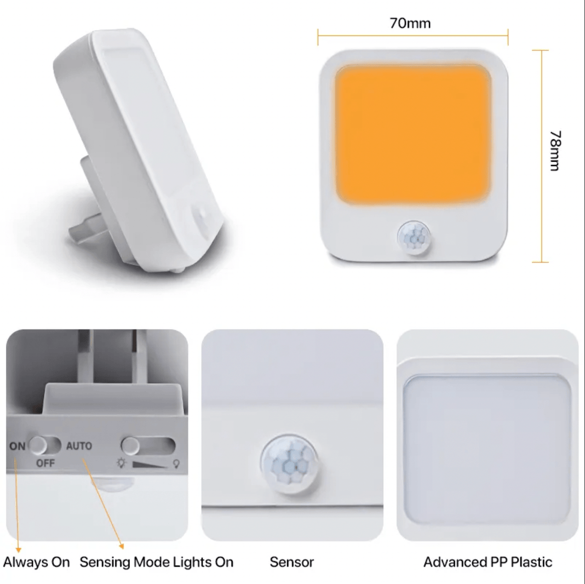 motion sensing amber nightlight with warm 1600K amber glow and automatic motion activation for safe nighttime navigation