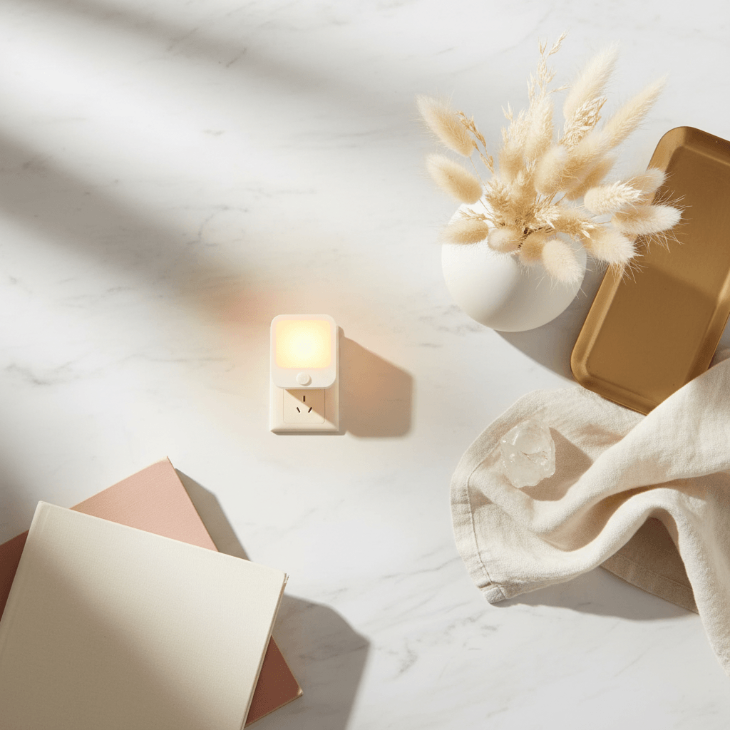motion sensing amber nightlight with soft warm glow on marble surface near pampas grass