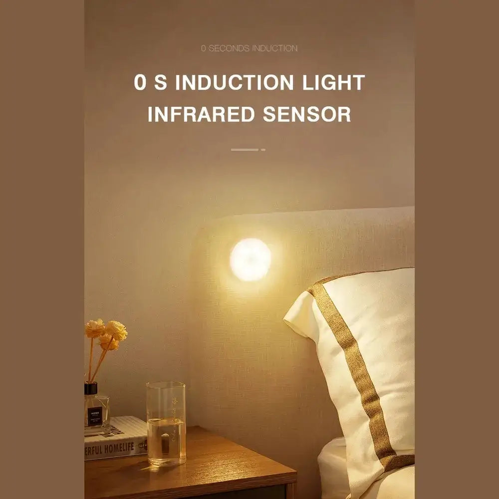 Rechargeable motion sensor light illuminating a bedside area for easy lighting efficiency.