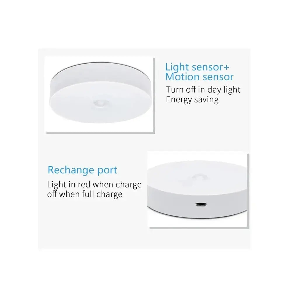 Rechargeable motion sensor light features light sensor, motion sensor, and a recharge port for easy use.