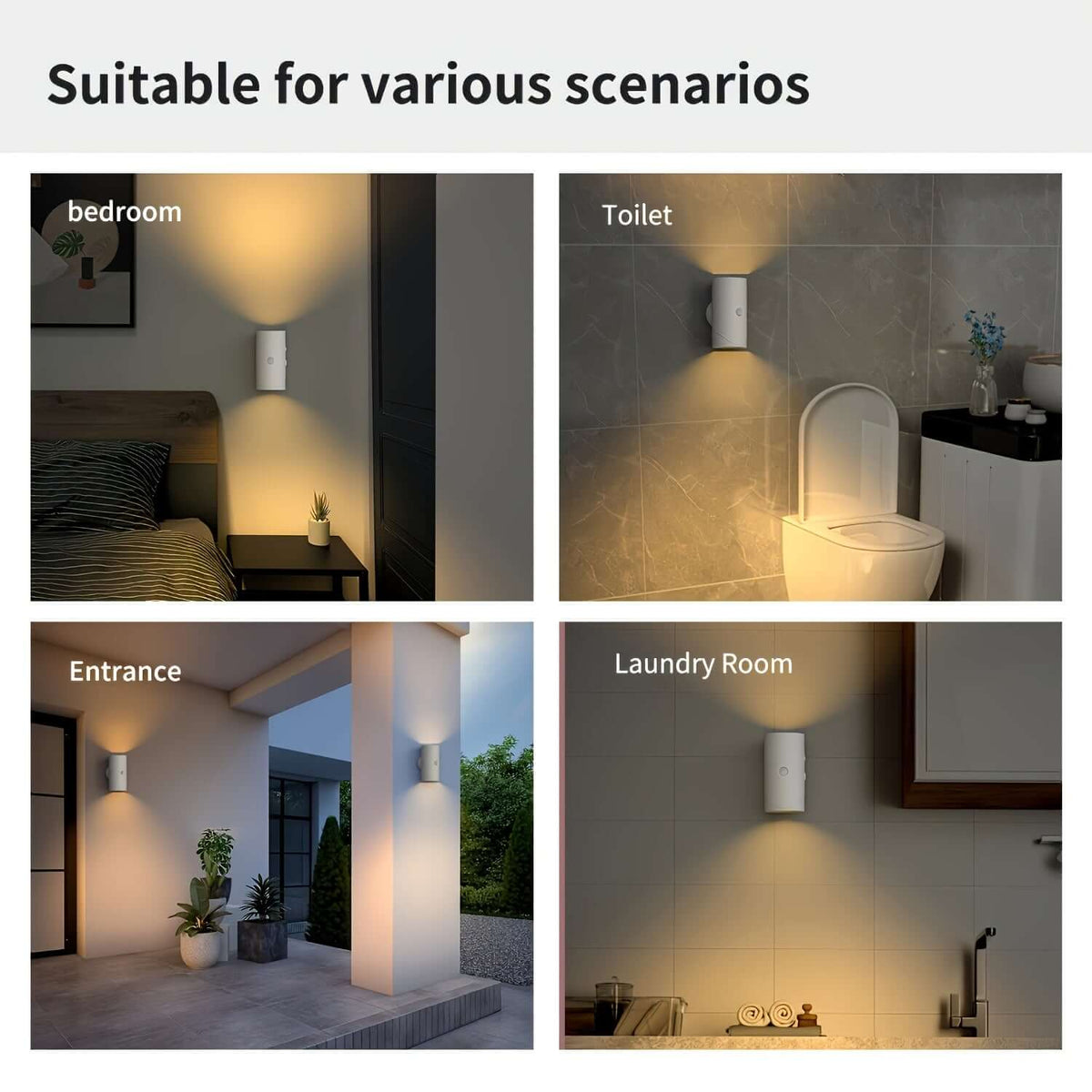 4-pack of LED motion sensor night lights with USB rechargeable power for hallways and closets.