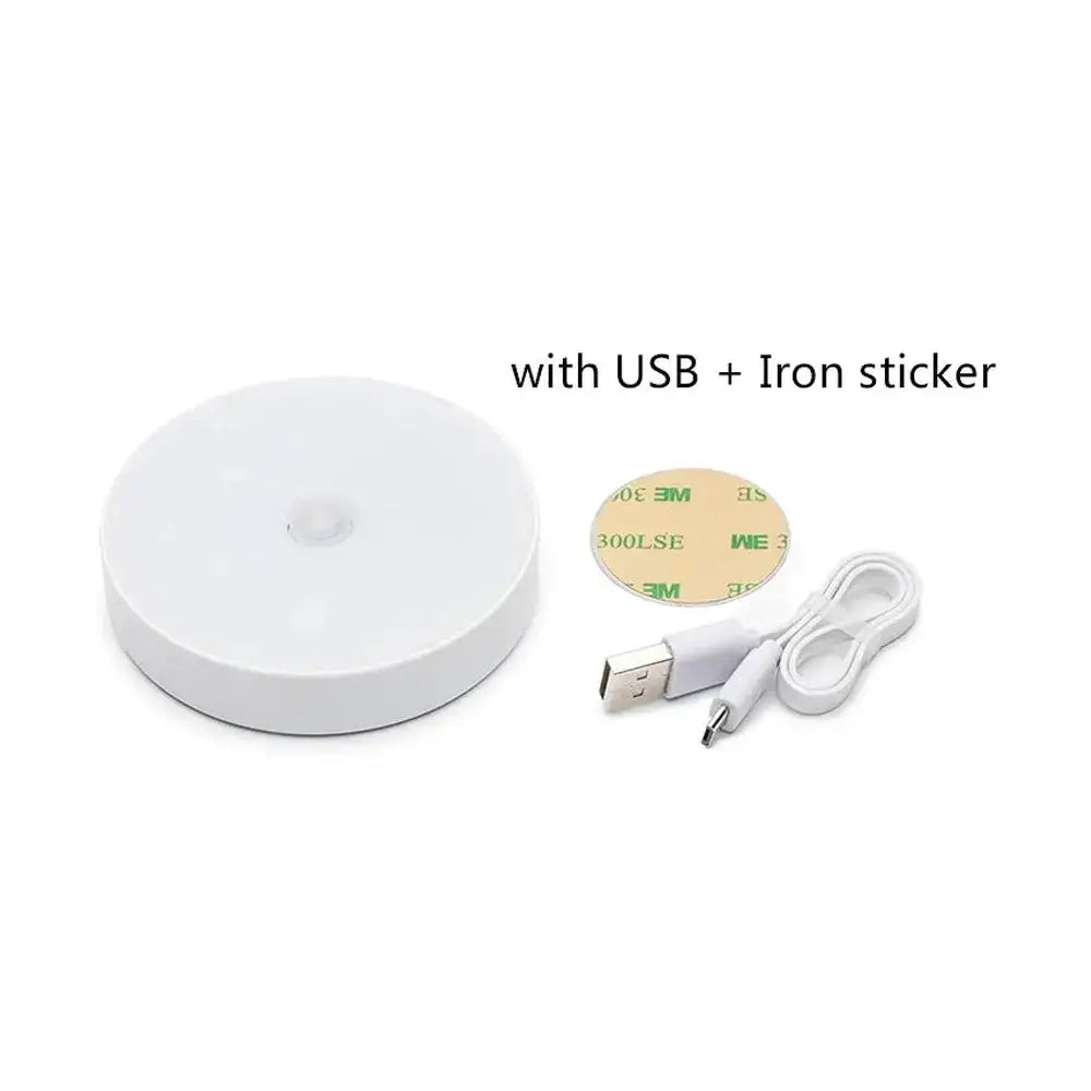 Rechargeable motion sensor light with USB charging and iron sticker for easy installation.