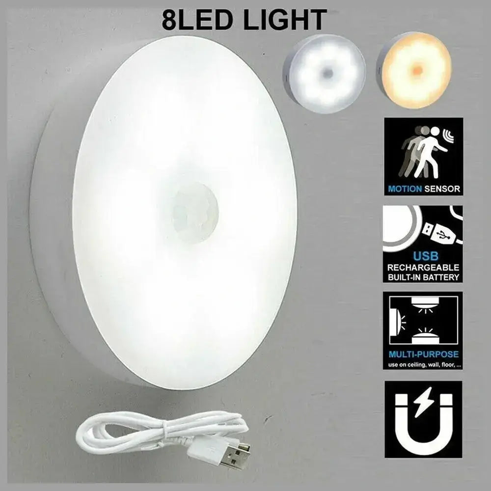 Rechargeable motion sensor light with USB charging, perfect for closets, hallways, and dark spaces.
