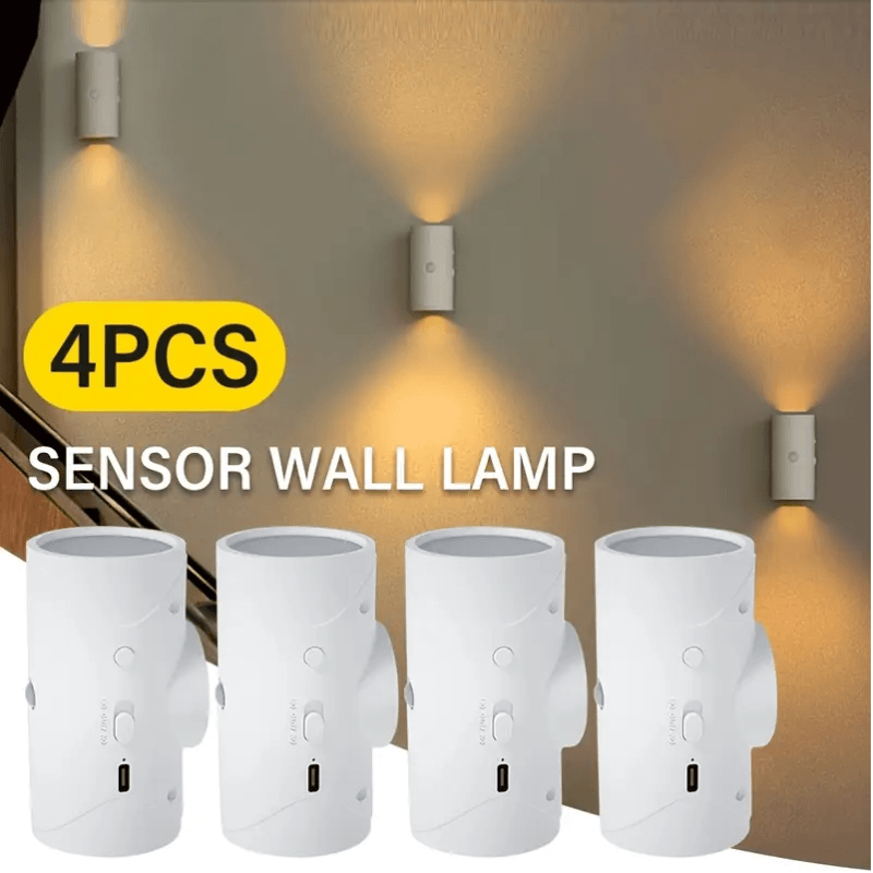 4-pack of LED motion sensor night lights with USB rechargeable power for hallways and closets.