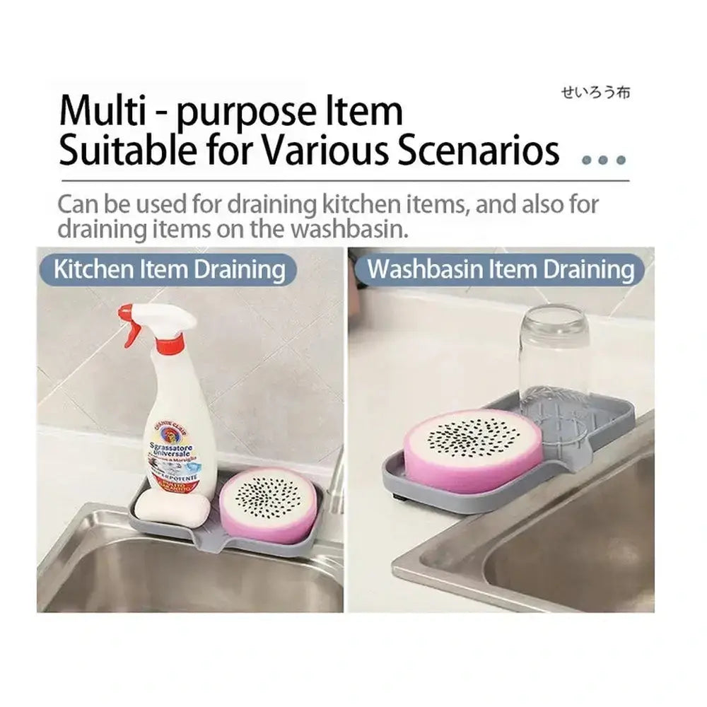 Silicone auto-draining sponge holder for kitchen and washbasin drainage, keeping items organized and dry.