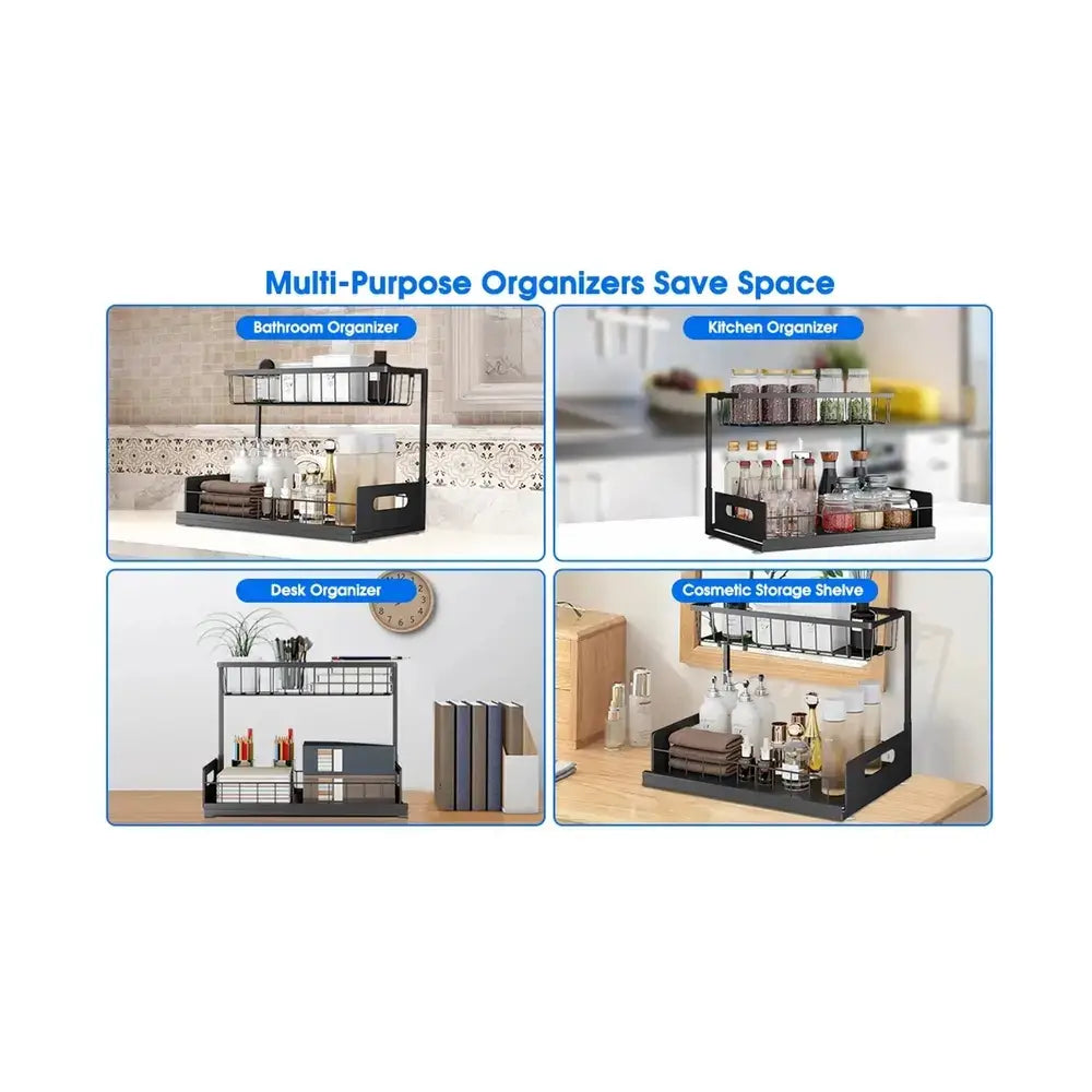 Multi-purpose organizers that save space for bathroom, kitchen, desk, and cosmetic items, featuring a stylish and functional design.