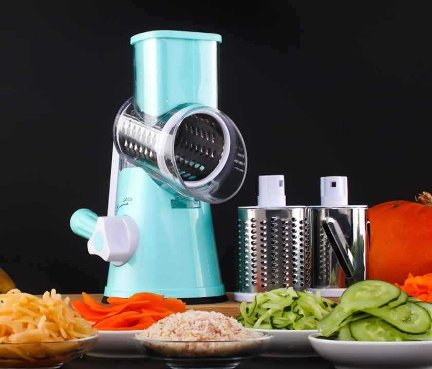 Mandoline vegetable slicer shown with grated cheese, sliced vegetables, and kitchen ingredients for easy food preparation.