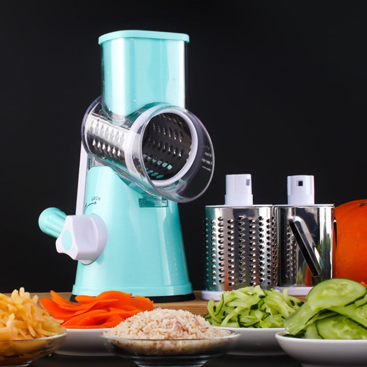 Mandoline vegetable slicer in light blue with various food ingredients for easy food preparation.