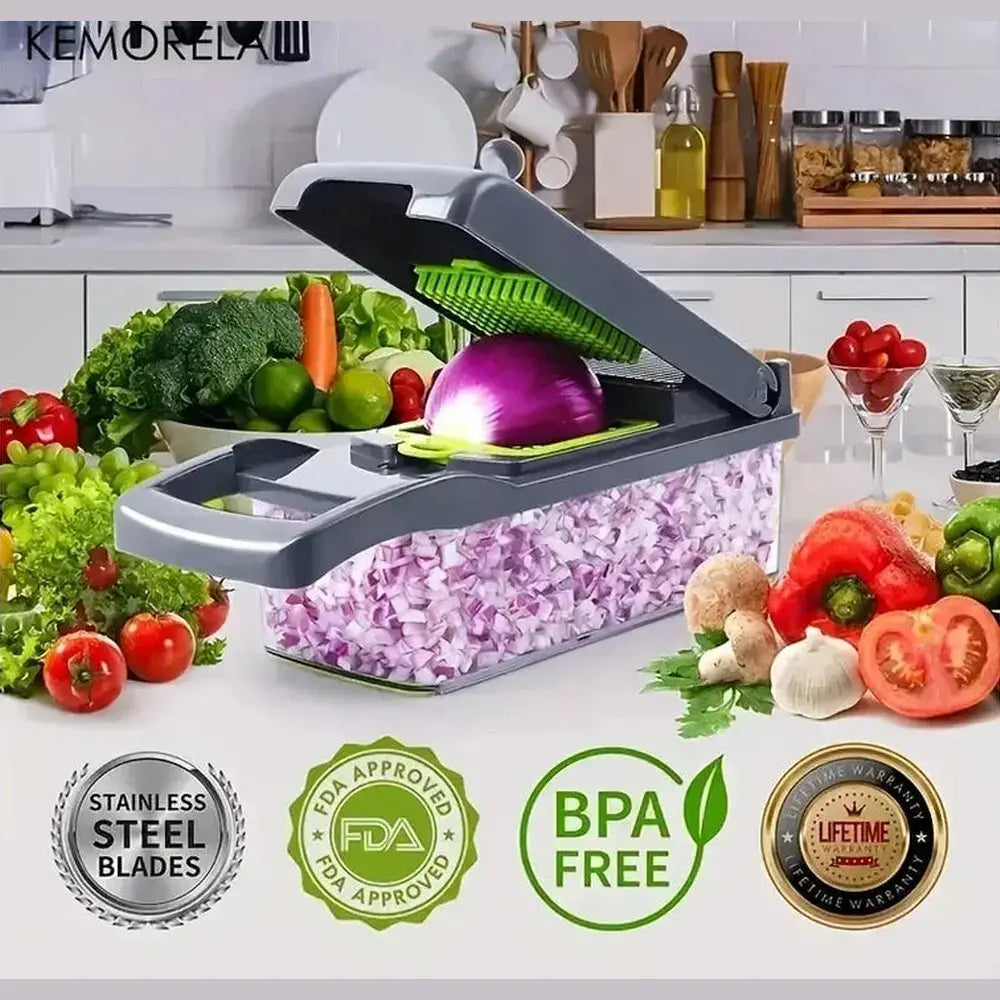 Multi-functional vegetable chopper with stainless steel blades, perfect for quick and easy meal prep.