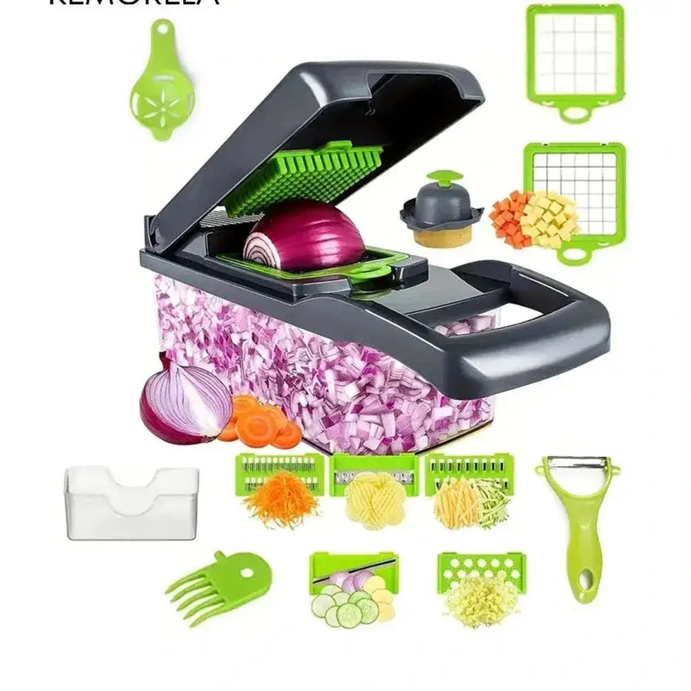 Multi-functional vegetable chopper with various blades and container for easy food prep and reduced countertop clutter.