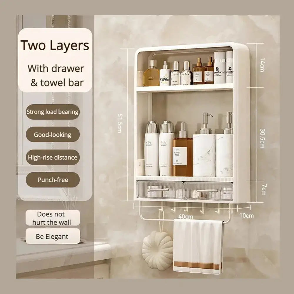 No-Drill Bathroom Organizer Shelf with two layers, drawer, towel bar, and stylish design for bathroom storage.